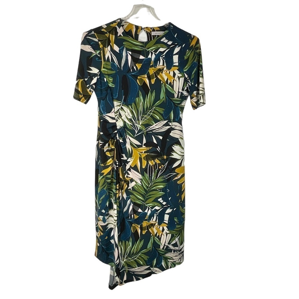 Per Una Dress Floral Tropical Stretch Midi Shortsleeve Bodycon Blue Green Size M